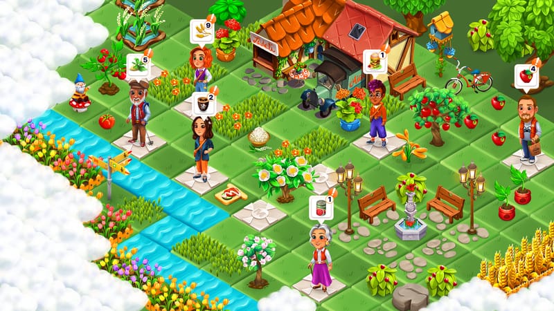 Displays the player's village. One can see a shop, multiple villagers, decorative items and multiple items that can be merged.