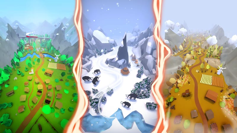 Picture presenting three valleys. Each valley has a unique theme (summer, winter, and fall) and epoch.