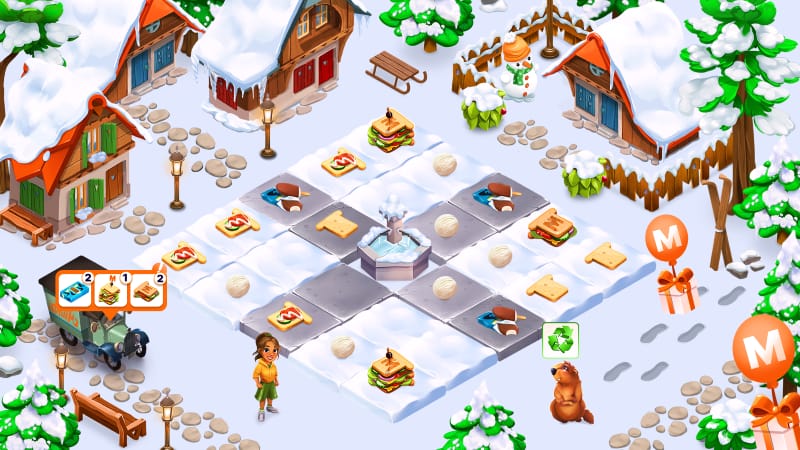 Screenshot showing a winter level, with items to be merged together to fulfill a recipe.