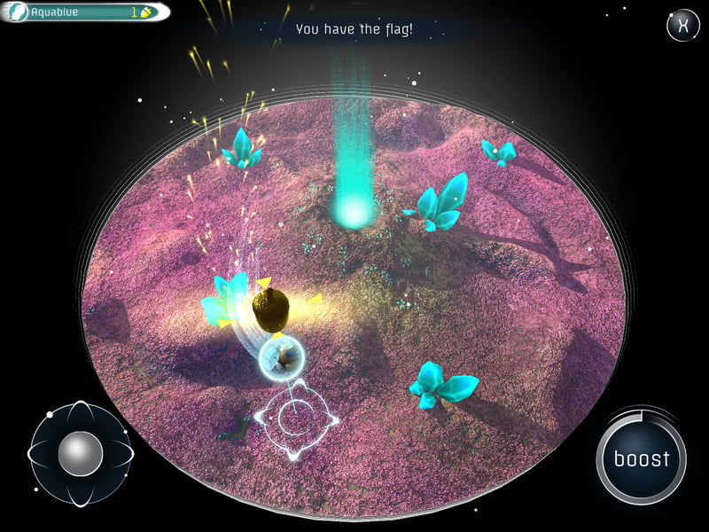 In-game screenshot of one of the three games based on the White Label framework. One can see a map with crystalls scattered 
                over the surface and a geyser in the mid. A hamster in an astronaut suit captured the flag.